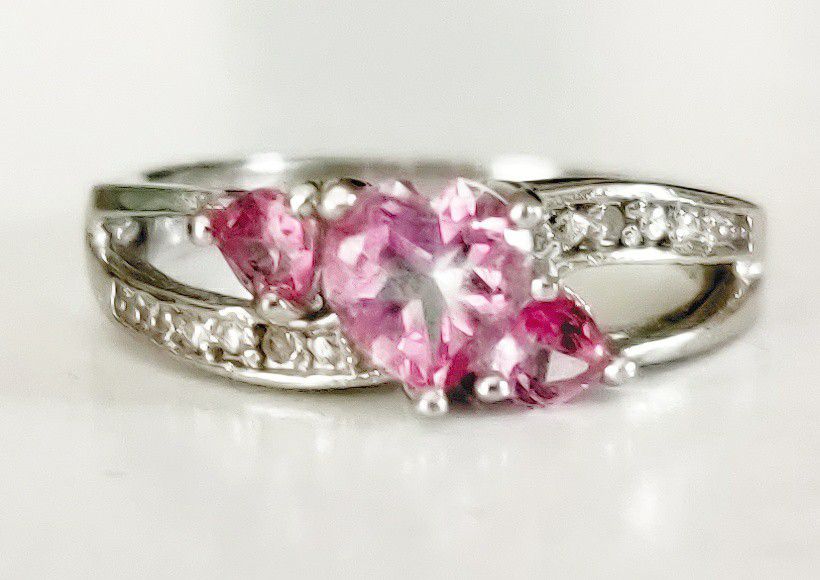 Sterling Silver Pink Topaz And Diamond Heart Ring Size 4 (Lowered Price)