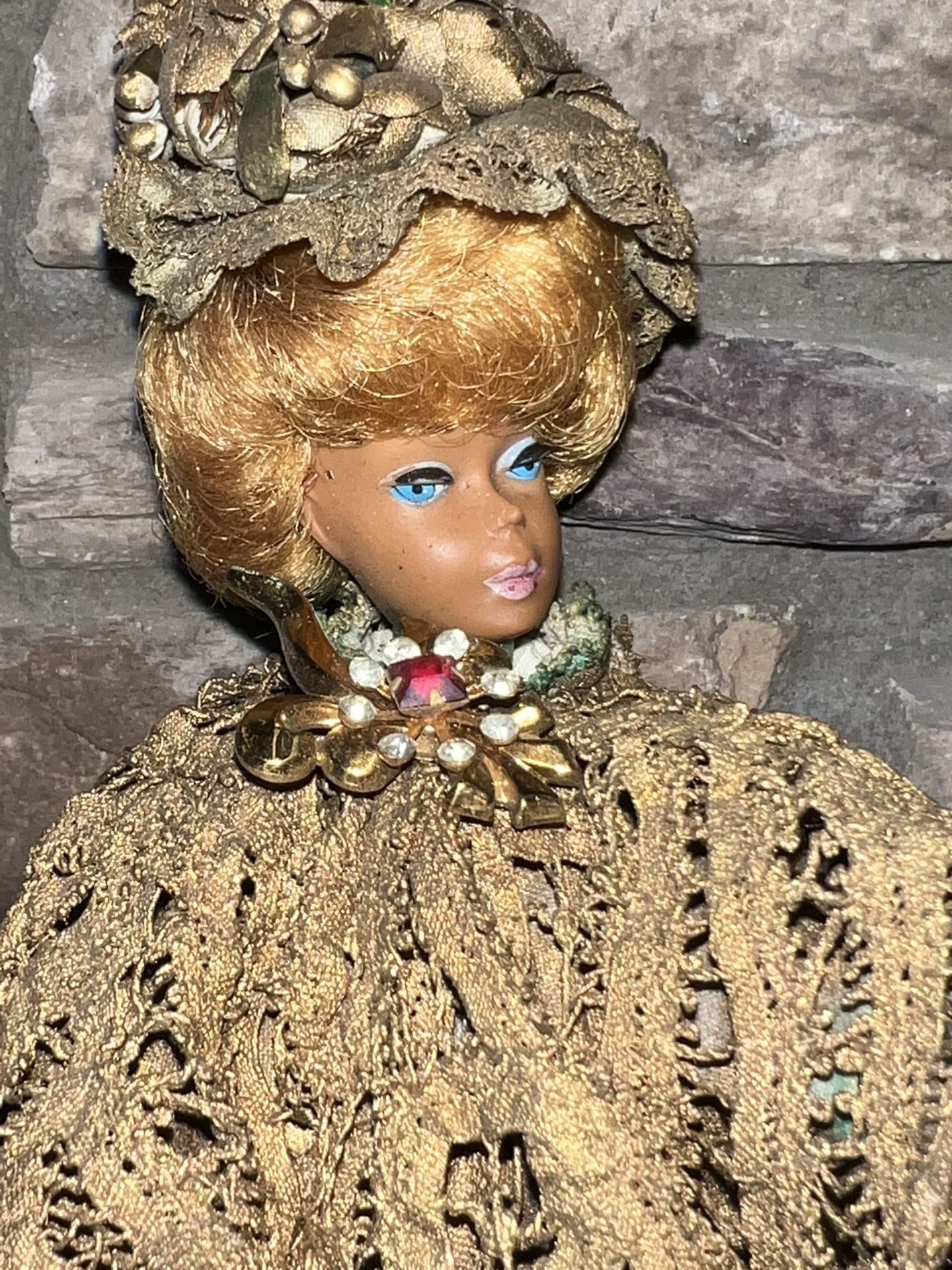 Original White Ginger Bubble Cut Barbie 1960's An Extravagant, Handmade Gown, Headpiece, And Brooch