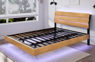 Brand New Queen Size Floating Bed Frame – Finish with LED & Charging Station
