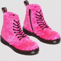 DOC MARTENS JUNIOR 1460 PASCAL TINSEL FUR LACE UP BOOTS BARBIE PINK 