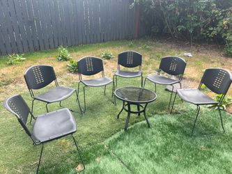 Patio Furniture: Set of 6 Black Stacking Chairs + Round Glass Patio Table (Delivery Available)