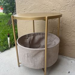 Round Side Table With Storage Basket, Gold Metal 