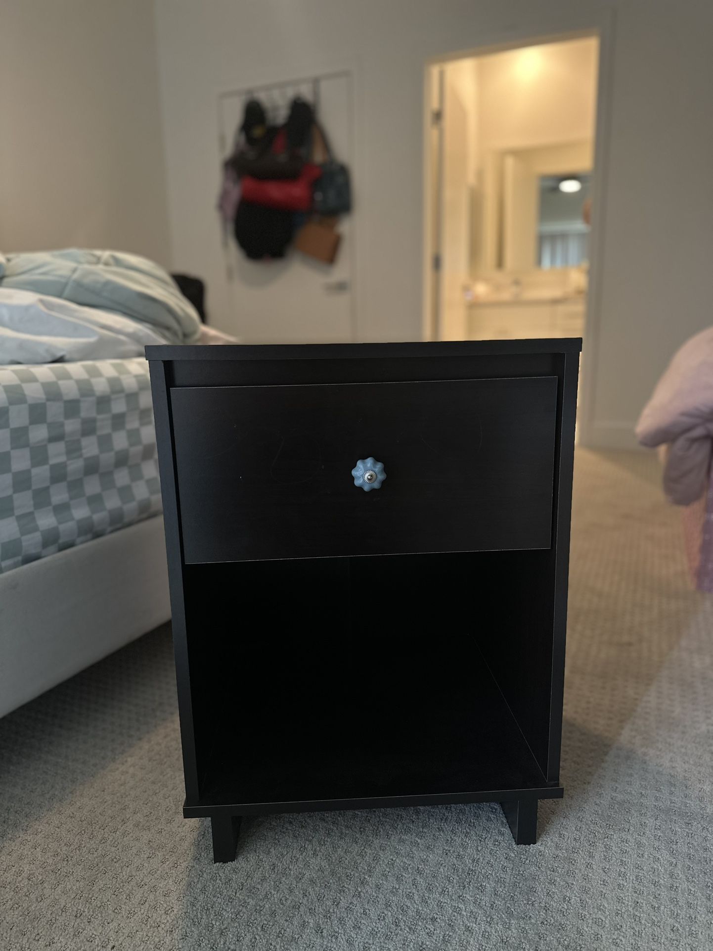 Modern Black Nightstand – Drawer + Open Shelf