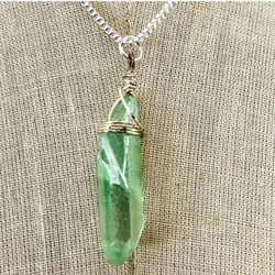 Green  titanium coated  quartz point  pendant necklace