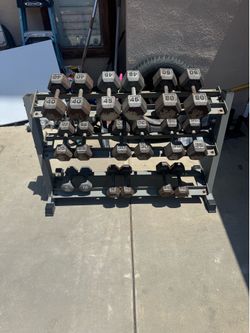 Dumbbells weights 10-50lbs plus rack commercial rack