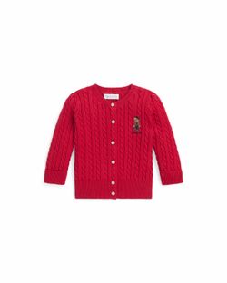 Polo Ralph Lauren Baby Girls Cable Knit Polo Bear Cardigan Sweater Red 18 M