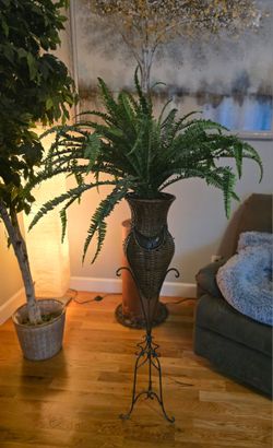 62" Faux Boston Fern with Wicker & Metal Pot in Vine Look Metal Stand