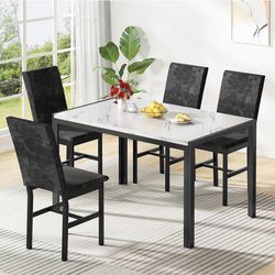 AWQM Products 5-Piece Marble Dining Set, Modern Kitchen Table and Chairs for Dining Room, Dinette, Compact Space Saving Furniture, 4 Upholstered Velve