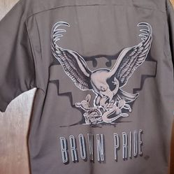 Brown Pride 90's Lowrider Aztlan Collard Zip Neck Shirt mens LARGE 