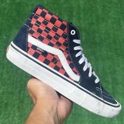 VANS SK8-HI “RED / NAVY BLUE CHECKERBOARD” (Size 8, Men’s)