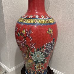 26” Red Vase with Wood Stand