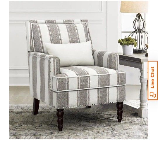35 in. Gray White Stripes Fabric Classic Accent Chair Solid Wood Upholstered Armchair with Cushion
