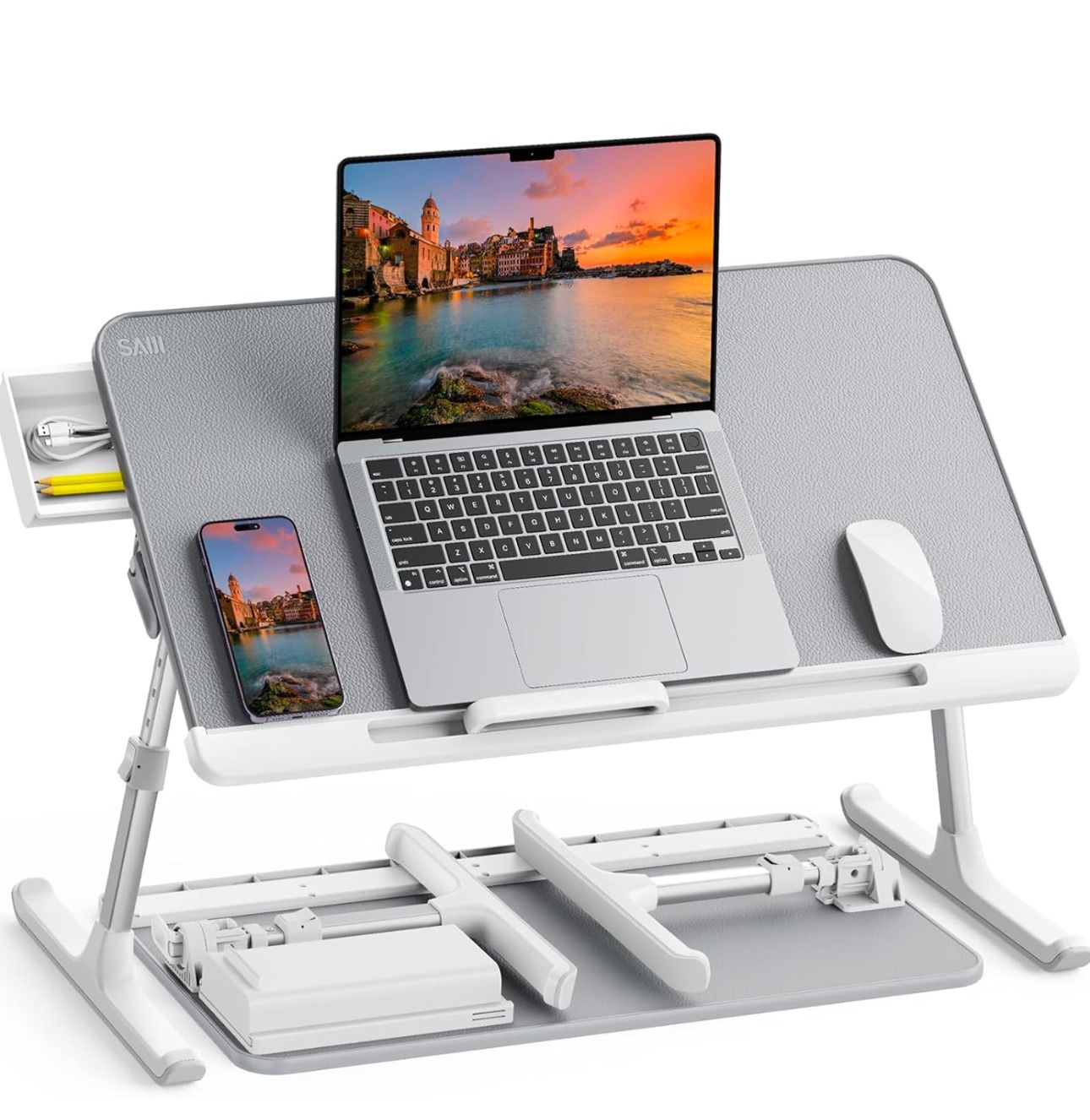 SAIJI Laptop Bed Tray Table, Adjustable PVC Leather Laptop Bed Table, Portable Standing Desk with Storage Drawer, Foldable Lap Tablet Table for Sofa C