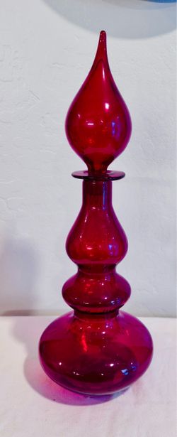 Ruby Red Glass Decanter with Flame Stopper Genie Bottle