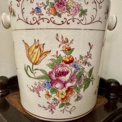 Vtg Floral Cache Pot Double Handles with Gold Trim Made in Japan 6.5” tall 
