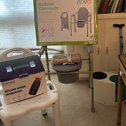 Deluxe Adj Height Shower Chair, New In Box Deluxe Hand Massager, Nova Bedside Commode (foldable), Cane, Heating Pad