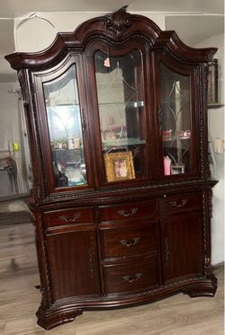 Large Dark Cherry Wood China Cabinet Hutch
