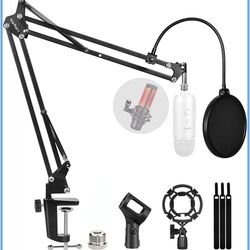 Microphone Stand for Blue Yeti, Quadcast Boom Arm Scissor Mic Stand with Windscreen and Double layered screen Pop Filter Heavy Duty Mic Boom Scissor A