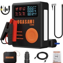 Jump Starter 13000mAh 2000A Peak Current 12V Jumpstart Car Battery with Safety Clamps for 6L Diesel 8L Gas Engine, 150PSI Digital Tire Inflator Air Co