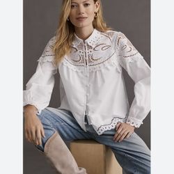 Anthropologie Embroidered Lace Buttondown Blouse | White Eyelet Boho Top | Romantic Cottagecore Medium