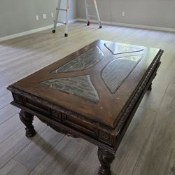 🪵 Marble-Inlay Coffee Table – Solid Wood