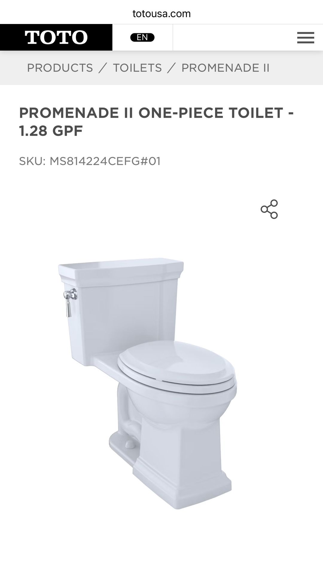 Toto Promenade II One-piece Toilet - Brand New
