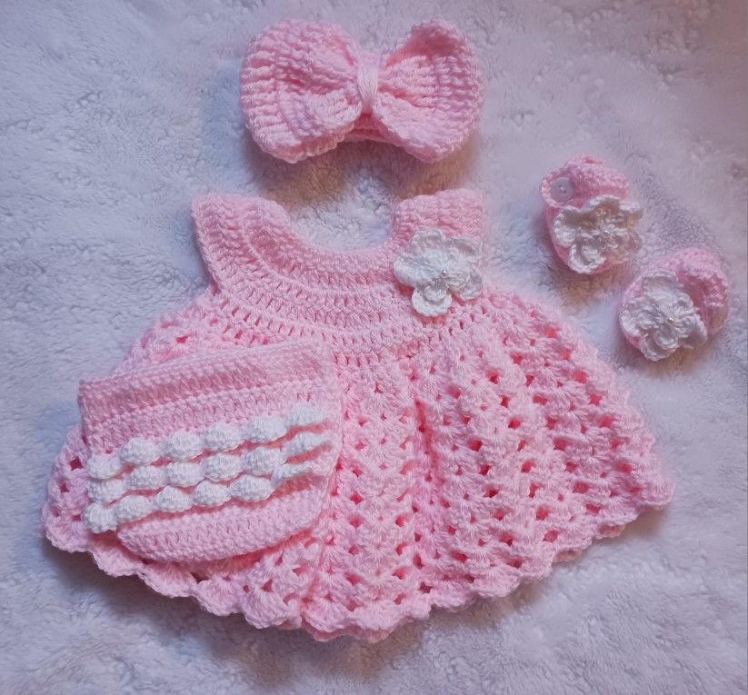 Crochet Baby Girl Pink And White Heirloom Dress Set Photo Prop