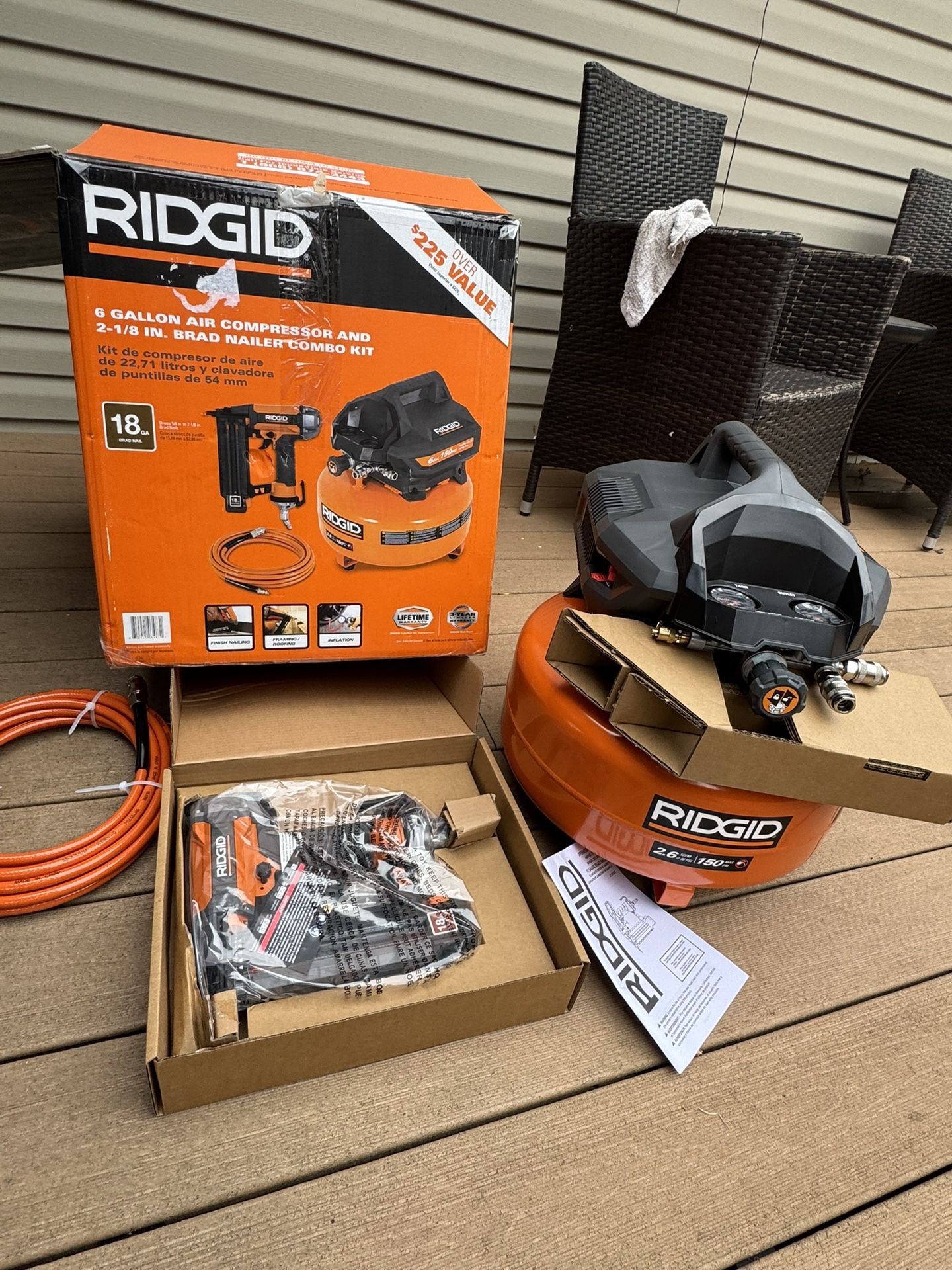 RIDGID 6 Gal. 150 PSI Portable Electric Oil-Free Jobsite Pancake Air Compressor with 25 ft. Air Hose and 18GA Brad Nailer