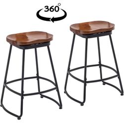 Home 24" Swivel Metal Bar Stools Industrial Barstools Counter Height Stools Modern Bar Chairs with Wooden Seats Set of 2