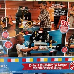 New, FIRM, LittleTikes 2-in-1 Buildin' to Learn Motor Wood Shop Playset, Blue, for Ages 3+