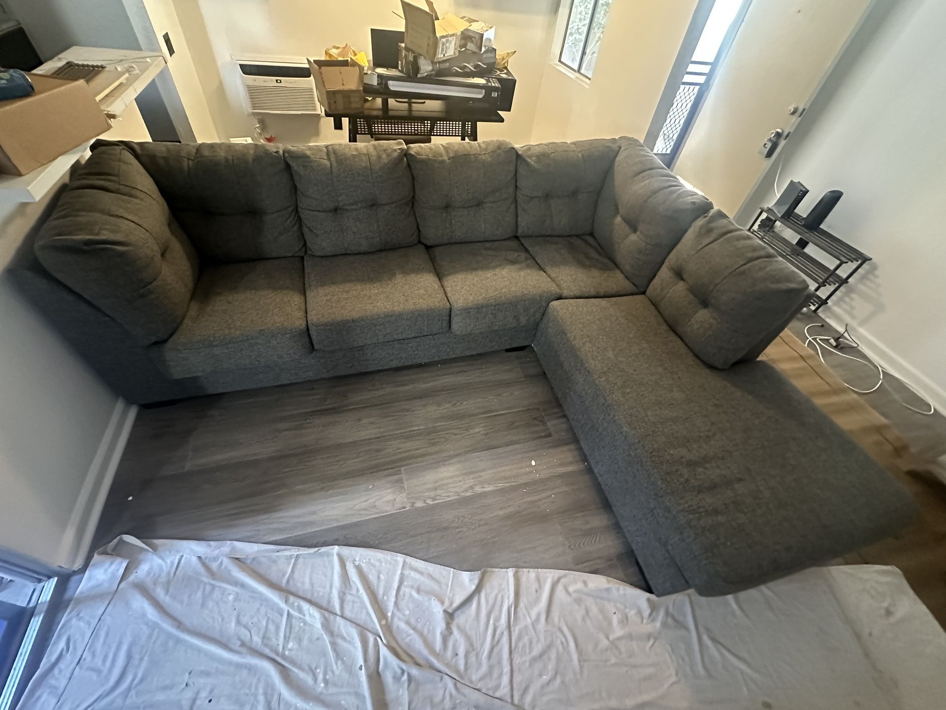 Natural Grey Fabric 115" 2 Piece L-Shaped Sectional with Right Arm Facing Corner Chaise | Track Arms
