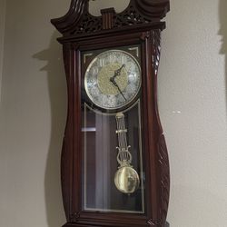 SEIKO Stately Dark Brown Solid Oak Case Wall Clock with Pendulum and Chime