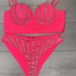 Neon Pink Rhinestone Two-Piece Set + (Top + Bottom)