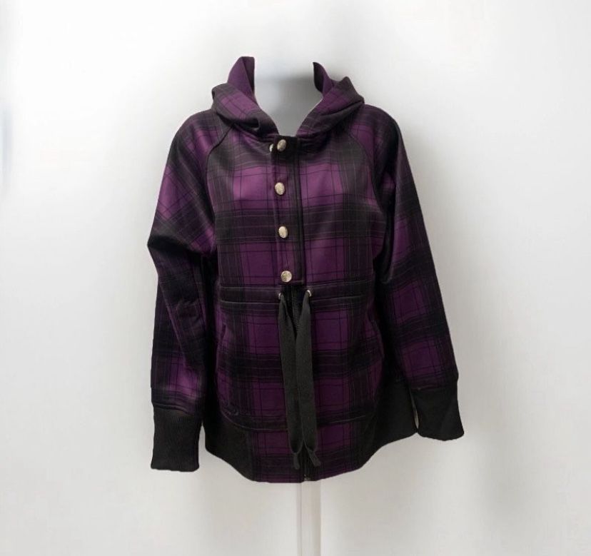Large Women Purple Plaid Sweater Jacket Zip Up Burton Dryride Tie Waist Snap Buttons