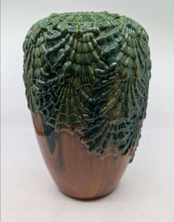 Vintage French Style Barbotine Green Ceramic Vase