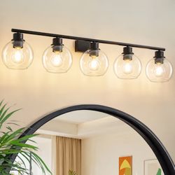 Modern 5-Light Black Vanity Light with Clear Glass Globes