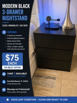 Modern Black 3-Drawer Nightstand – Like New
