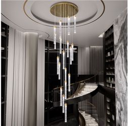 12 lights Staircase Long Pendant Light Fixture Large Chandeliers for High Ceiling Light LED Bulbs for Living Room Foyer Hallway Gold Crystal Pendant L