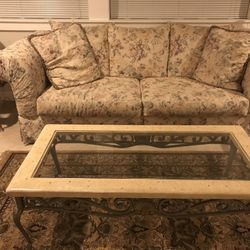 A Set  of Sofa With Three Glass Top Tables And Two Matching Lamps
