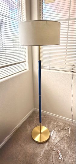 Modern Brass and Navy Blue Floor Lamp with White Drum Shader