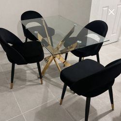 Dining Table Set 4 Velvet Chairs Black And Gold 
