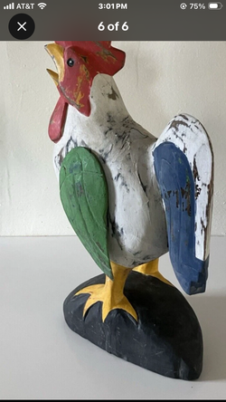 15" Hand-Carved Wood Distress Sculpture ROOSTER Figure~Folk Art~Vtg Hinged Wings