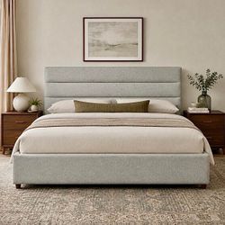 NEW IN-BOX (Retail $1,800) King Size Fabric Bed, Soft Headboard—FREE DELIVERY