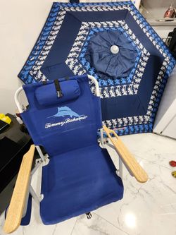 Tommy Bahama Ocean Marlin Deluxe Backpack Beach Chair & Easy-Set-Up beach Umbrella with ANCHORX