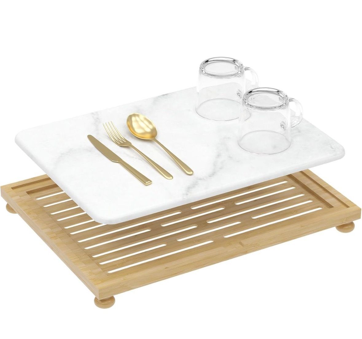 Golener Stone Drying Mat for Kitchen Counter, Dish Drying Pad with Bamboo Rack, Super Absorbent Diatomaceous Earth and Drying Rack, Multi-purpose Quic