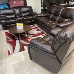 Madrid, Brown Leather, Reclining Sofa, Loveseat, And Chair $1299. Easy Finance Option. Same-Day Delivery.