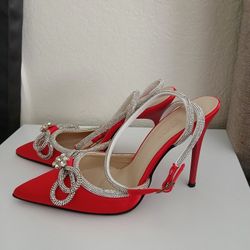 Red Heels With Stones Bow Size 9