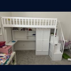 Wood Loft Bed With Stairs, Desk, Closet, Drawer, And Bookshelf