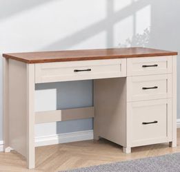 Modern White Computer Desk – 4 Drawers + Power Strip