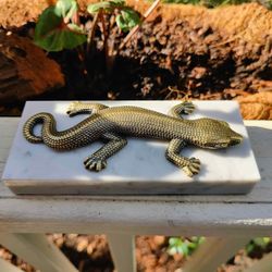 Large Highly Detailed Bronze/Gold Lizard on White Marble